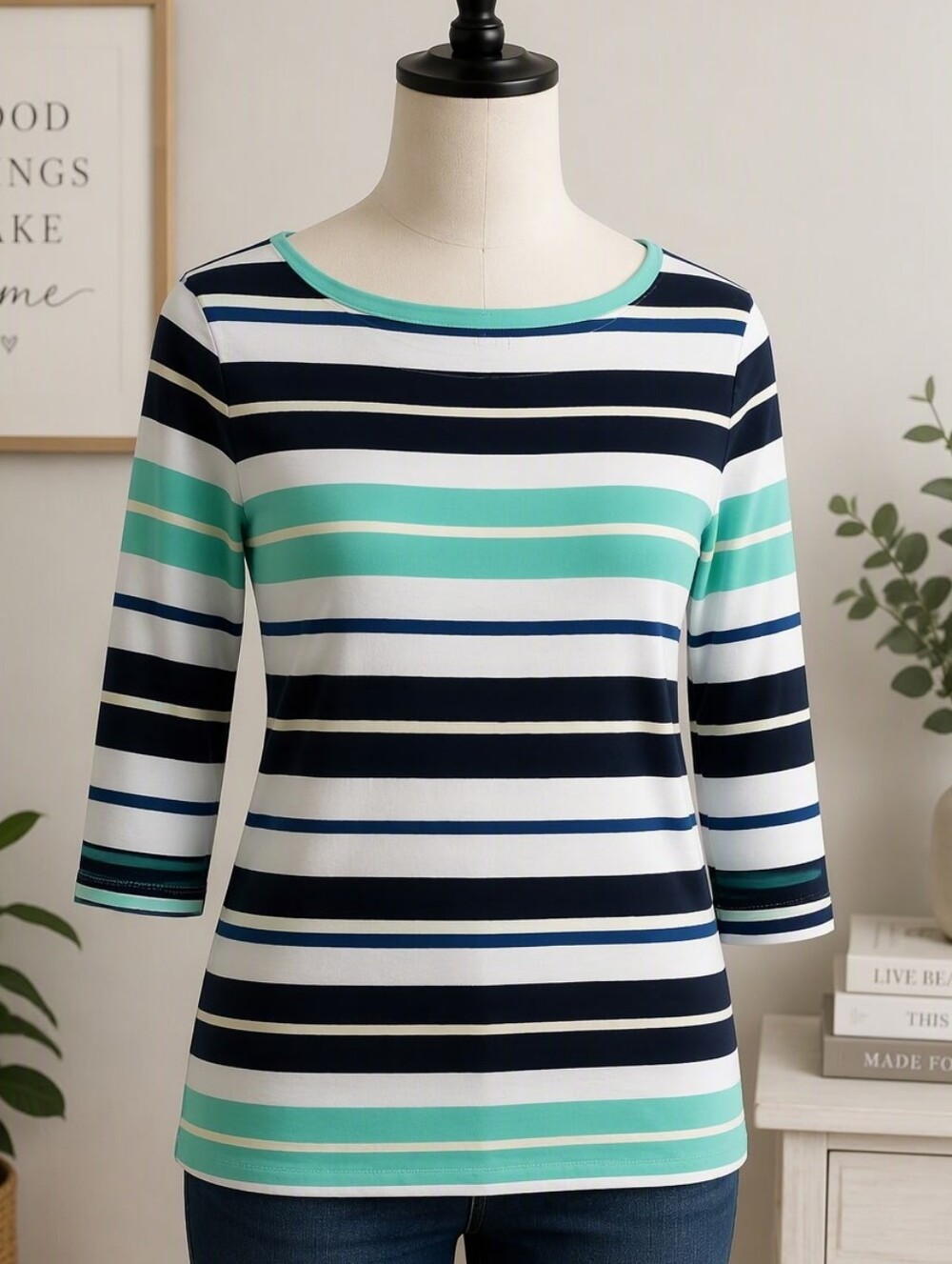 LOFT Striped Top – 3/4 Sleeve White, Blue, and Green Women’s Medium